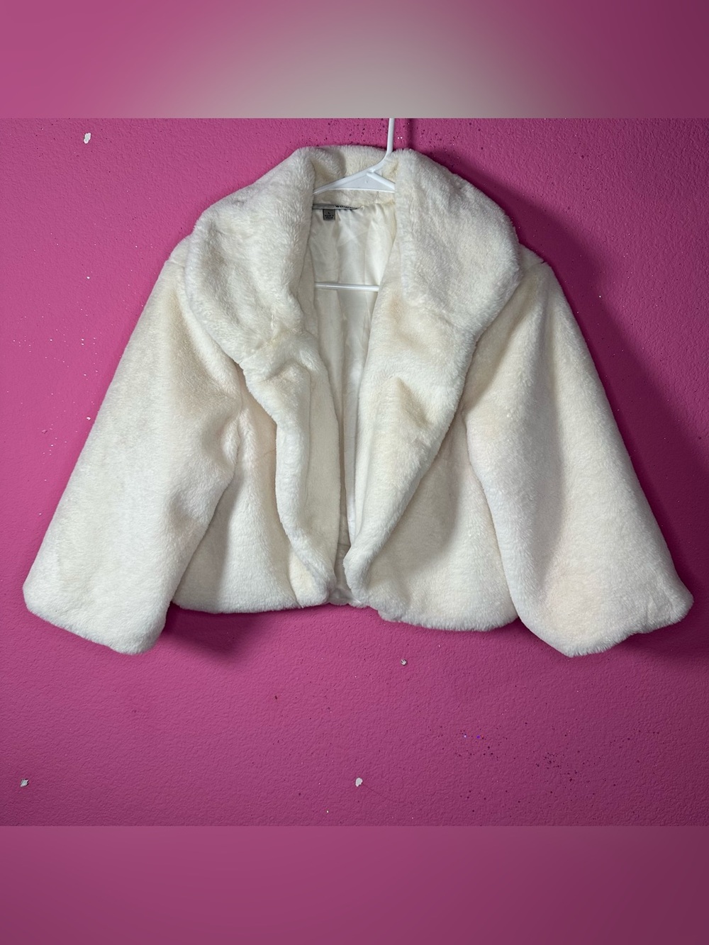 Faux Fur Cropped Jacket Ivory Long Sleeve Wide Shawl Collar Lapel L Cozy Winter